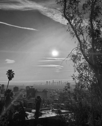 View of the Los Angeles skyline at sunset